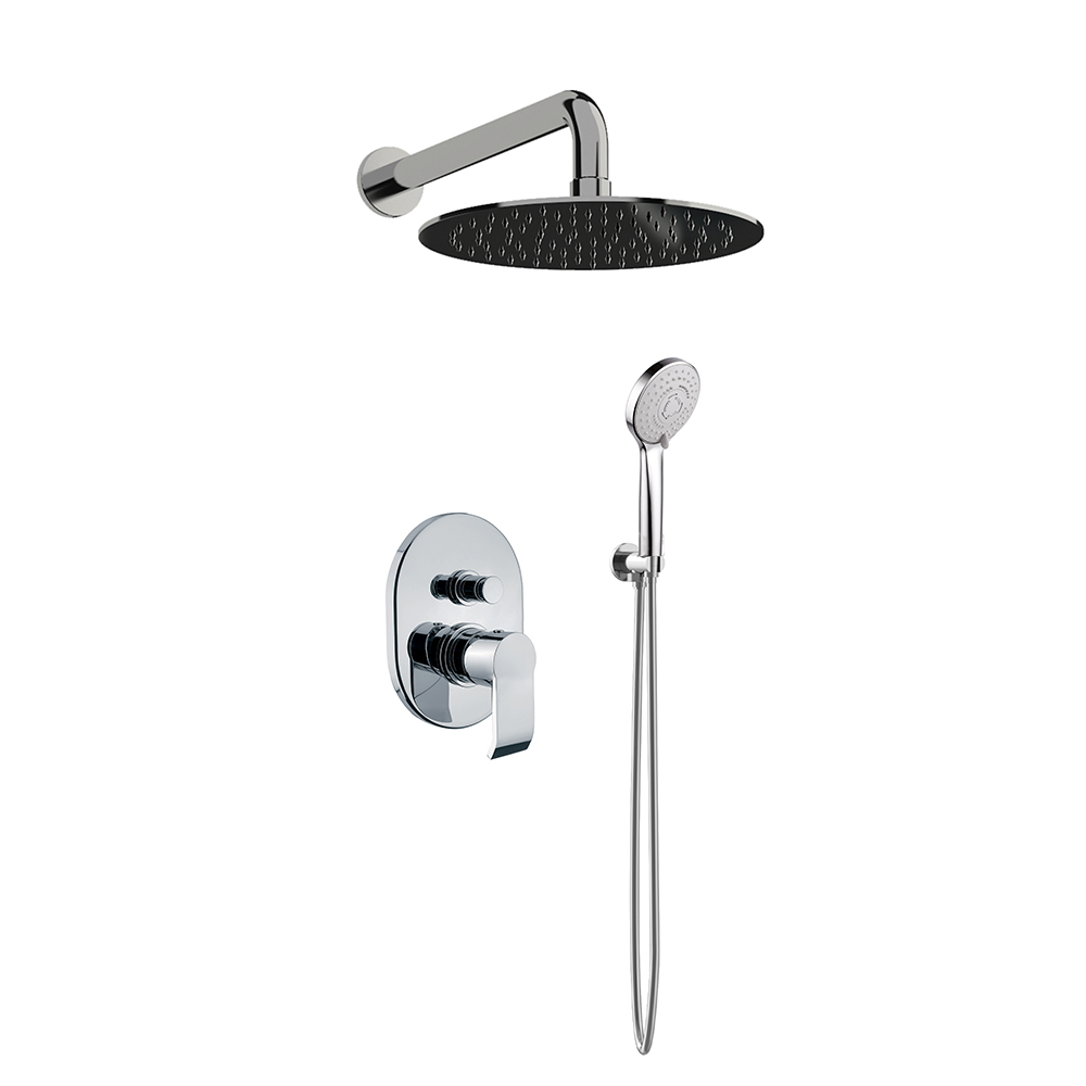 Orabella Indigo - Shower set εντοιχισμού με Μπαταρία λουτρού, εντοιχισμού 2 σημείων, κεφαλή Φ250 με βραχίονα και τηλέφωνο ντουζ με σπιράλ και επιτοίχειο στήριγμα