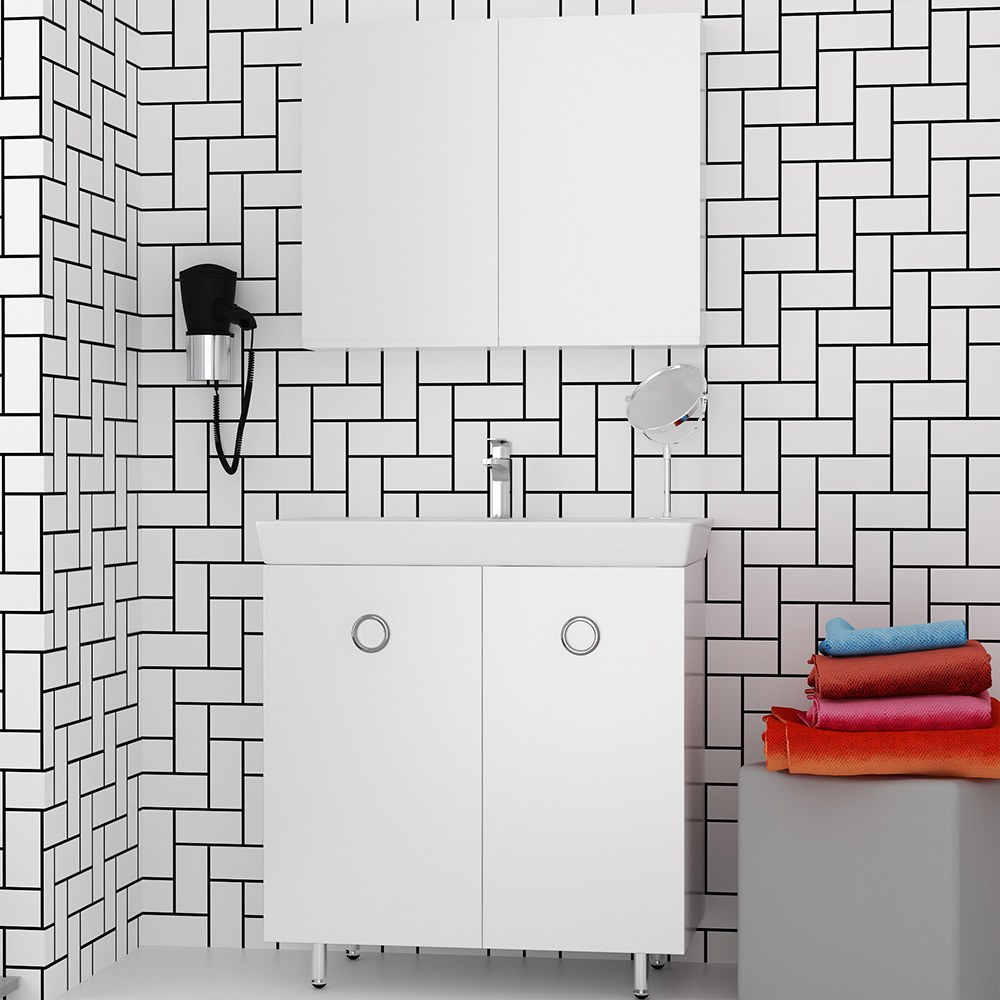 Orabella Vanity 80 Long - Έπιπλο Μπάνιου Επιδαπέδιο με πορσελάνινο νιπτήρα Ege και καθρέπτη ντουλάπι