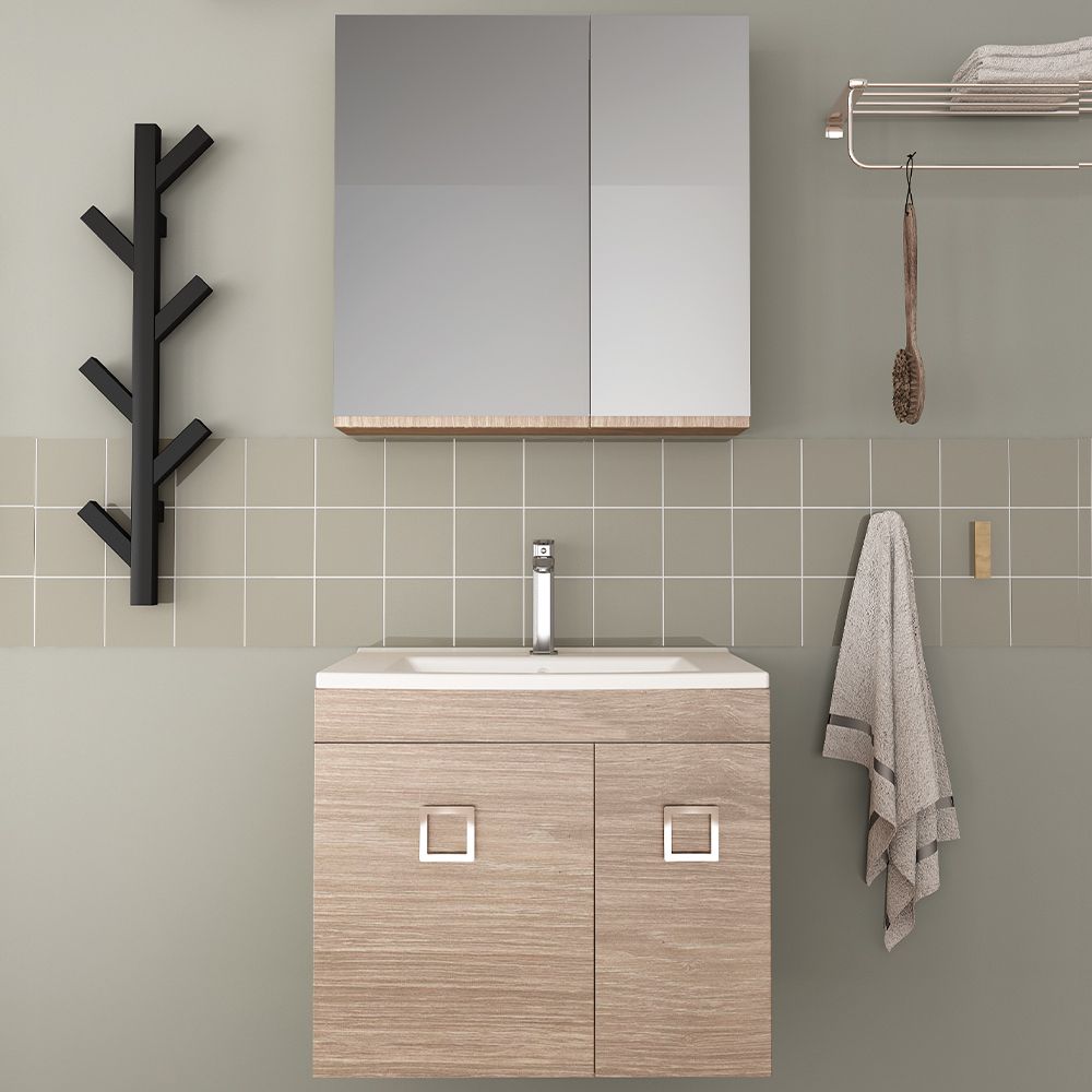 Orabella Vero 65 - Κρεμαστό Έπιπλο Μπάνιου με πορσελάνινο νιπτήρα Ege και καθρέπτη ντουλάπι με χρωμέ λαβές