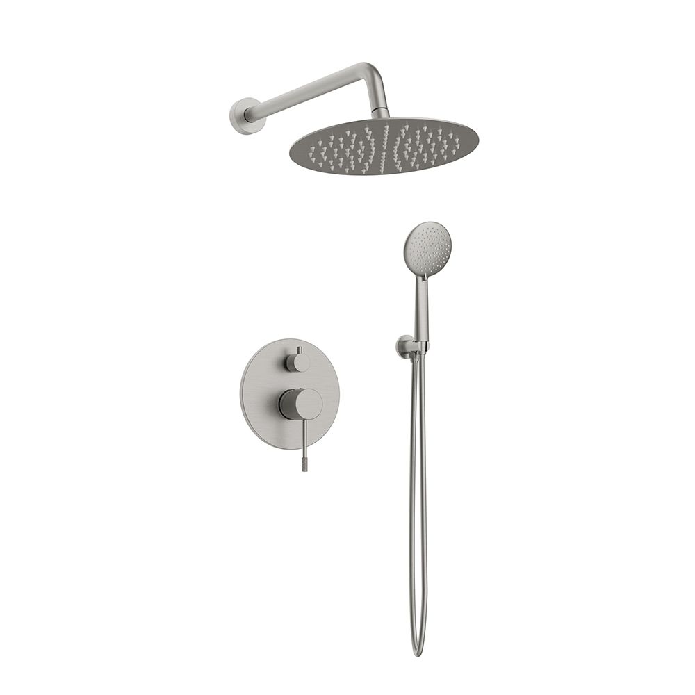 Orabella Terra Brushed nickel - Shower set εντοιχισμού με Μπαταρία λουτρού, εντοιχισμού 2 σημείων, κεφαλή Φ250 με βραχίονα και τηλέφωνο ντουζ με σπιράλ και επιτοίχειο στήριγμα